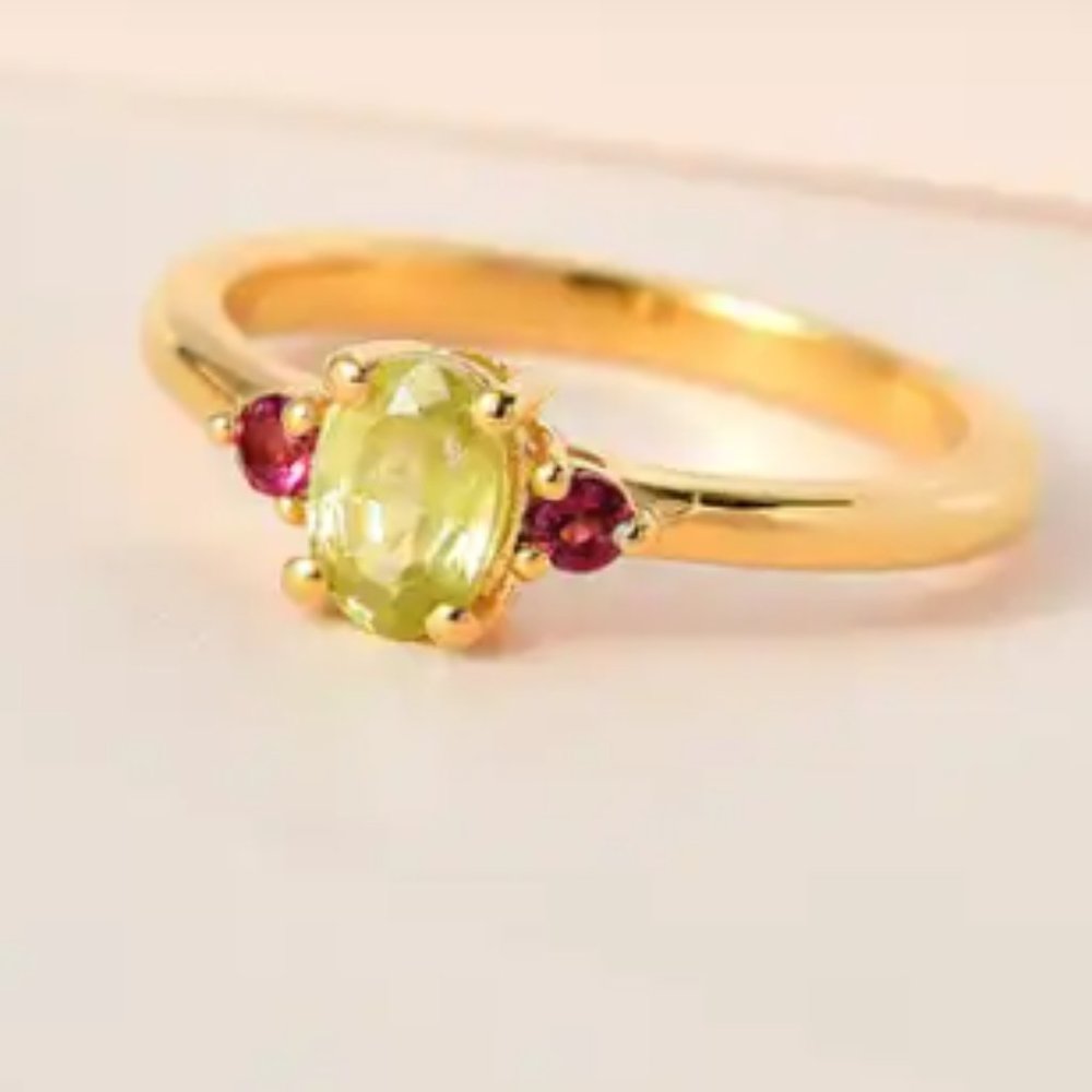 Sava Sphene/Ouro Fino Rubellite 3 Stone Ring/VYG over Sterling Silver